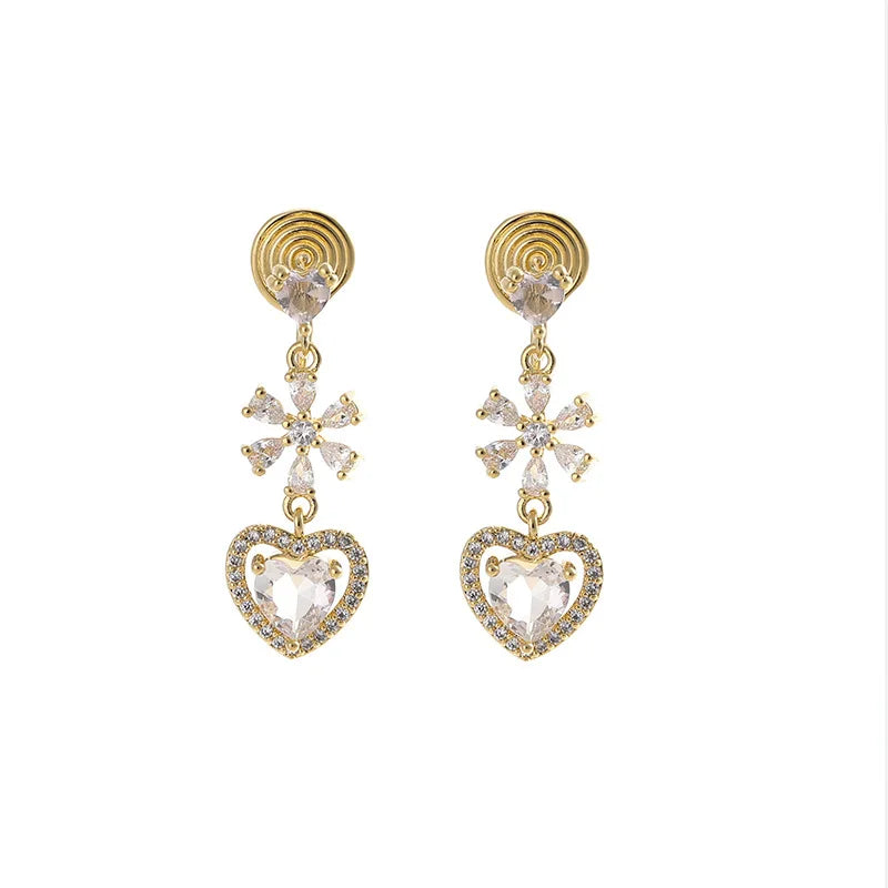 Luxury Zircon Snowflake Heart Drop Stud & Clip On No Piercing Gold Alloy Rhinestone Dangle Earrings