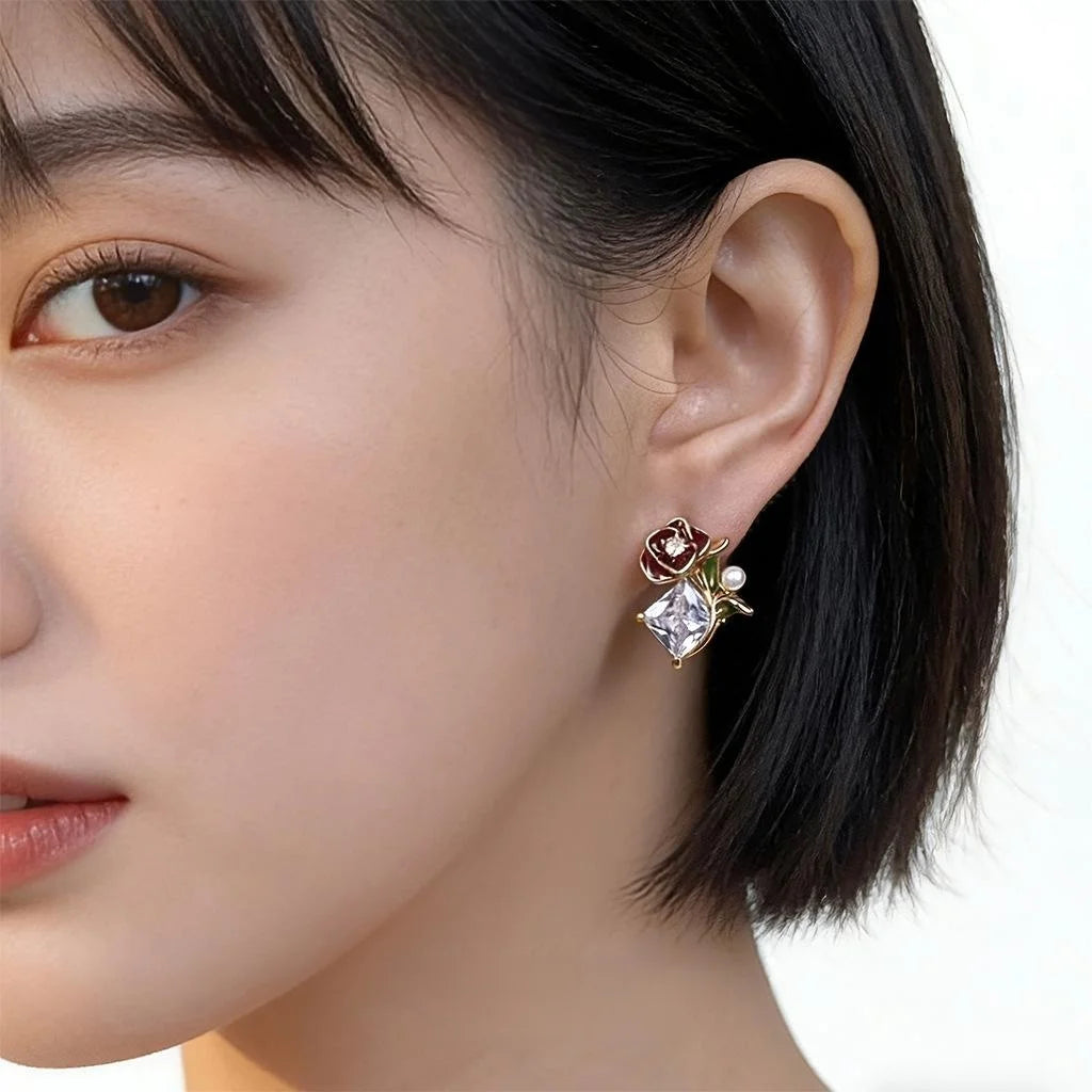 Ethnic Rose Flower Zircon Pearl Enamel Copper Stud Earrings