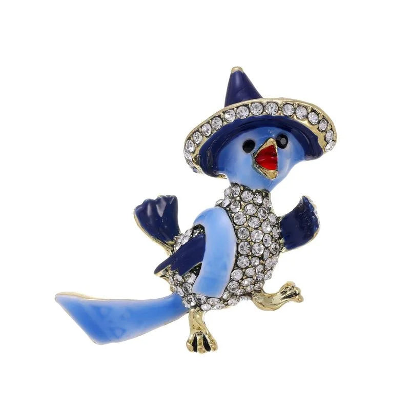 Cute Enamel Blue Parrot In Cowboy Hat Brooch With Rhinestones, Animal Lapel Pin Corsage Gift