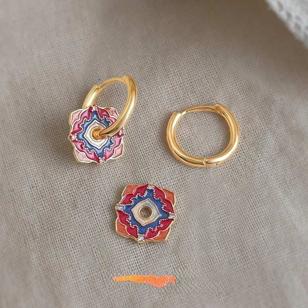 Hand Painted Enamel Copper Zircon Floral Auspicious Pattern Court Style Drop Earrings
