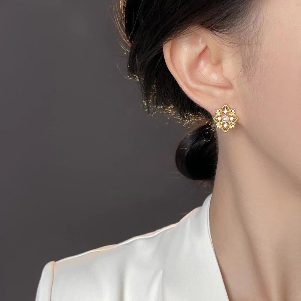 Light Luxury Copper Micro Pave Zircon Geometric Hollow Iris Flower Stud Earrings