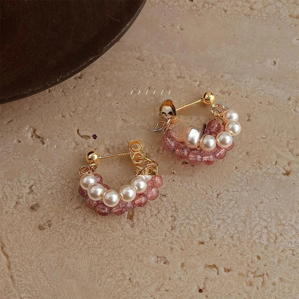 Sweet Strawberry Quartz Natural Stone Drop Earrings Handmade Copper Geometric Hoop