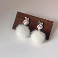 Cute Plush Bunny Stud Earrings Silver Plated Pin Fluffy Pom Pom Winter Animal Jewelry
