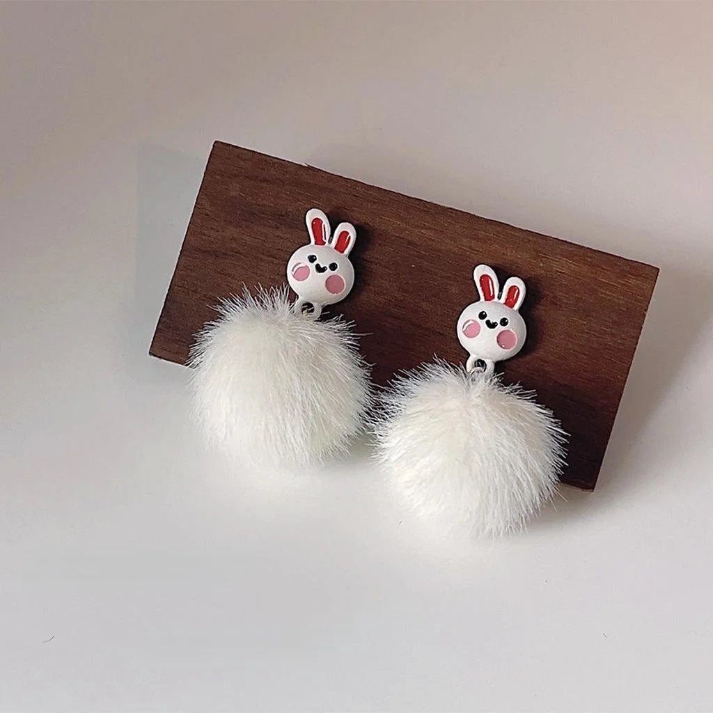 Cute Plush Bunny Stud Earrings Silver Plated Pin Fluffy Pom Pom Winter Animal Jewelry