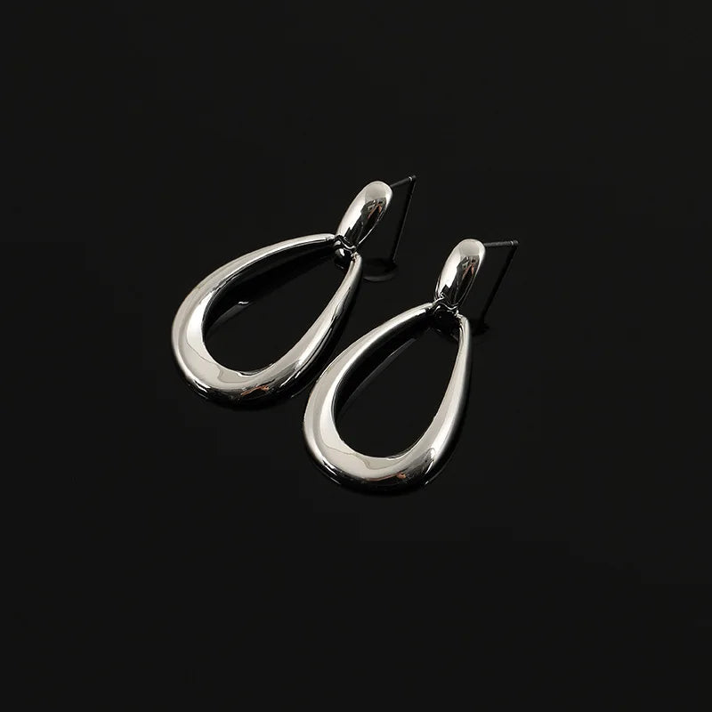 Elegant Minimalist Silver Alloy Teardrop Hoop Stud & Clip On No Piercing Geometric Drop Earrings