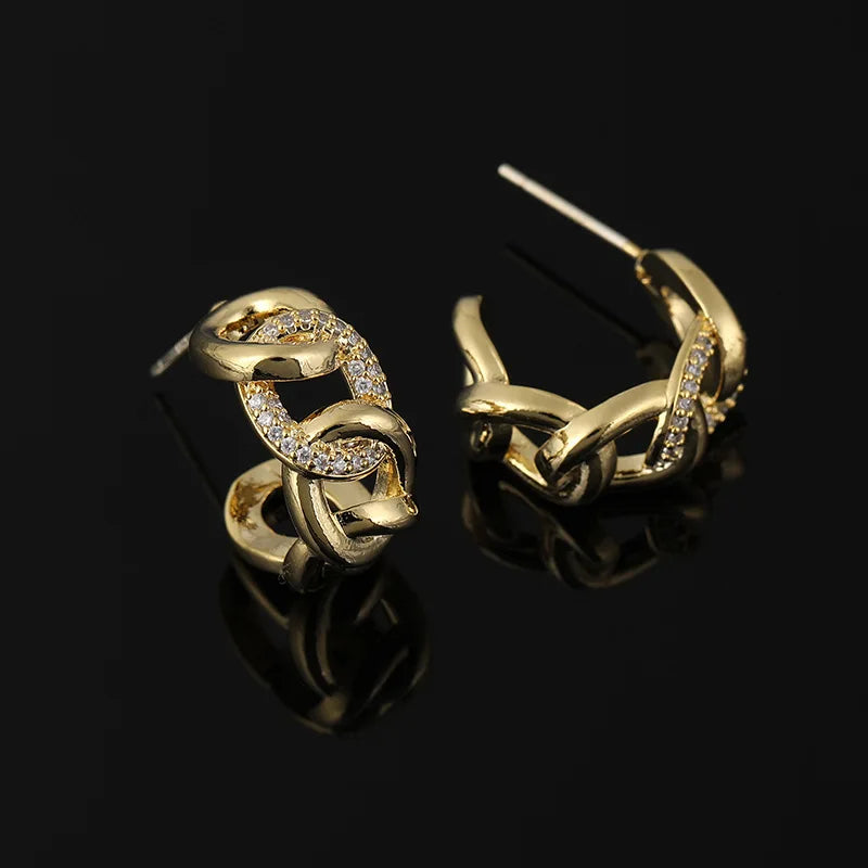 Luxury Gold Alloy Chain Hoop Stud & Clip On No Piercing Rhinestone Chunky Link Women's Earrings