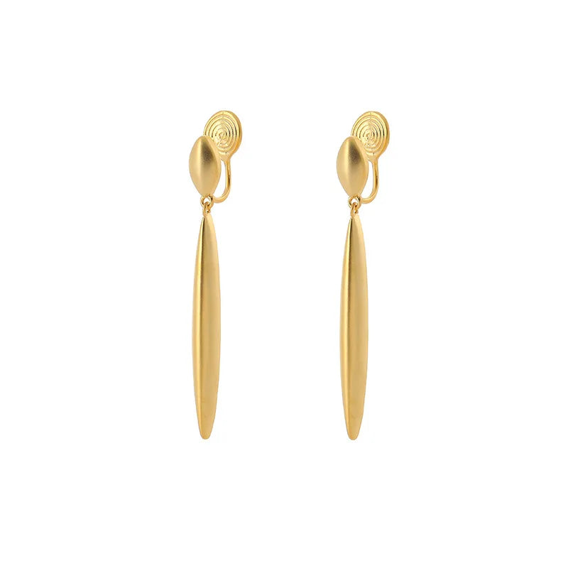 Elegant Minimalist Matte Gold Alloy Long Teardrop Line Dangle Stud & Clip On No Piercing Earrings