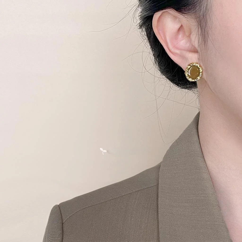 French Vintage Irregular Green Enamel Metal Geometric Stud Earrings For Women