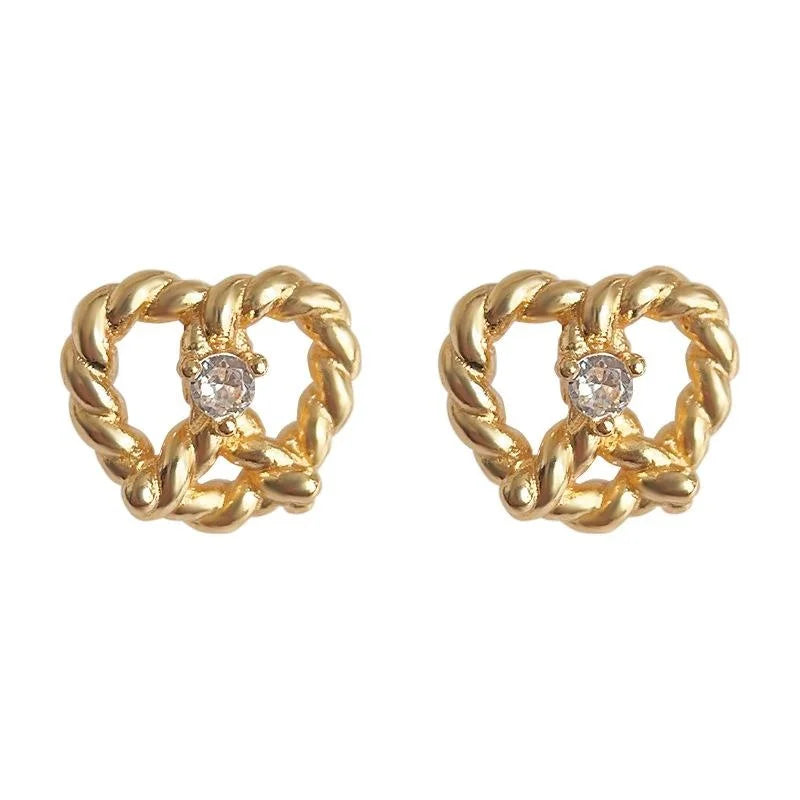 14K Plated Copper Heart Stud Earrings, Mini Micro Pave Zircon Everyday Jewelry