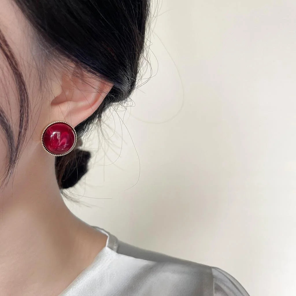 French Vintage Hong Kong Style Red Blush Resin Ball Stud Earrings With Silver Plated Pins