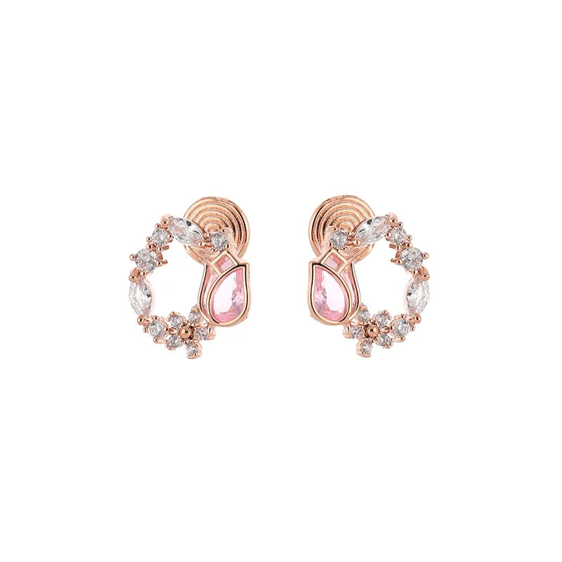 Elegant Pink Tulip Wreath Zircon Stud & Clip On No Piercing Rose Gold Floral Hoop Earrings