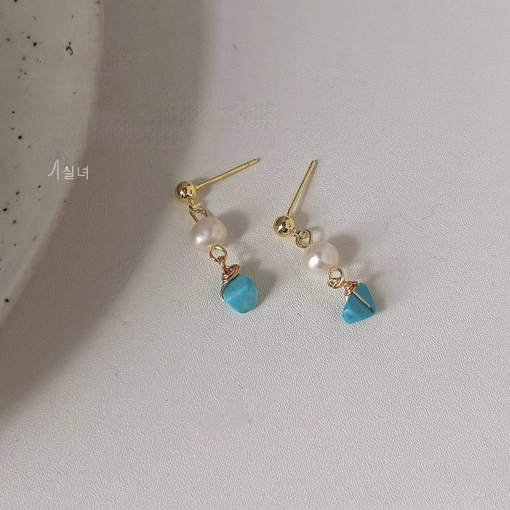 Handmade Freshwater Pearl Synthetic Turquoise Geometric Drop Earrings With 14K Plated