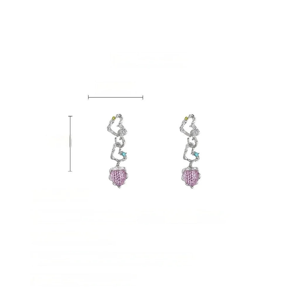 Sweet Cool Pink Heart Geometric Rhinestone Long Drop Earrings For Women