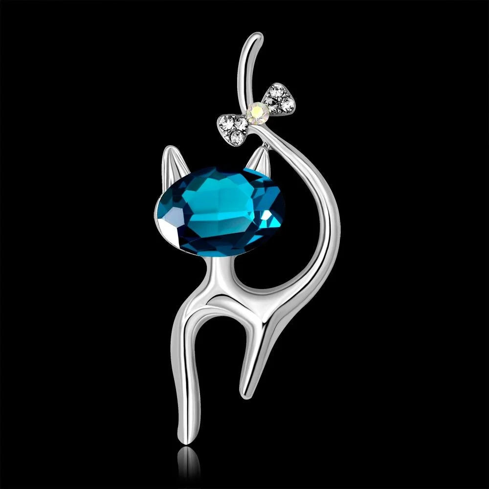 Elegant Rhinestone Cat Brooch With Blue Crystal, Alloy Lapel Pin Corsage For Scarf Suit Gift