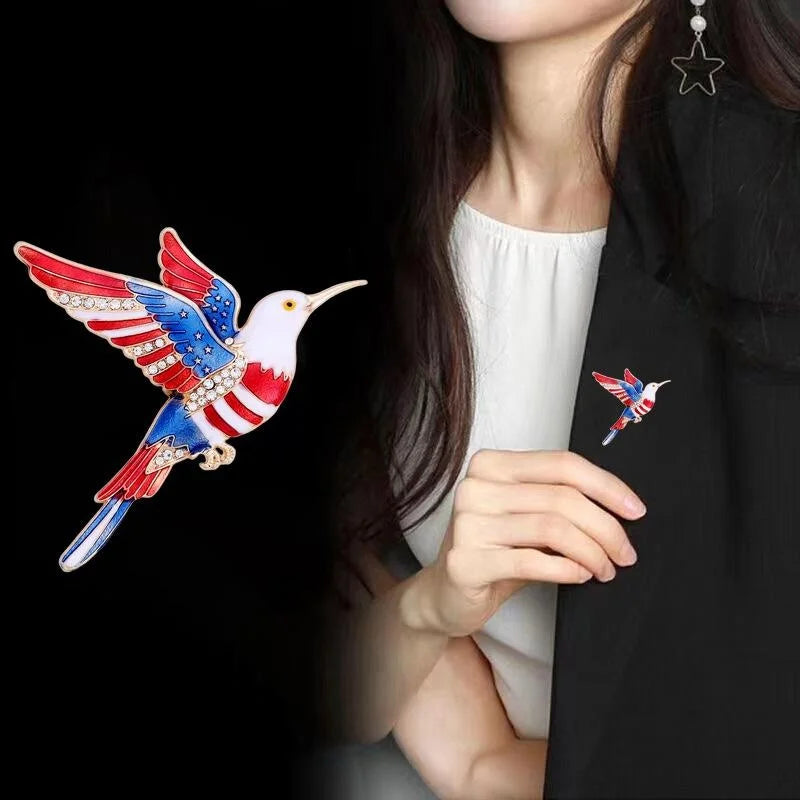 Luxury Patriotic Hummingbird Enamel Rhinestone Alloy Brooch, Independence Day Lapel Pin Suit Accessory Gift