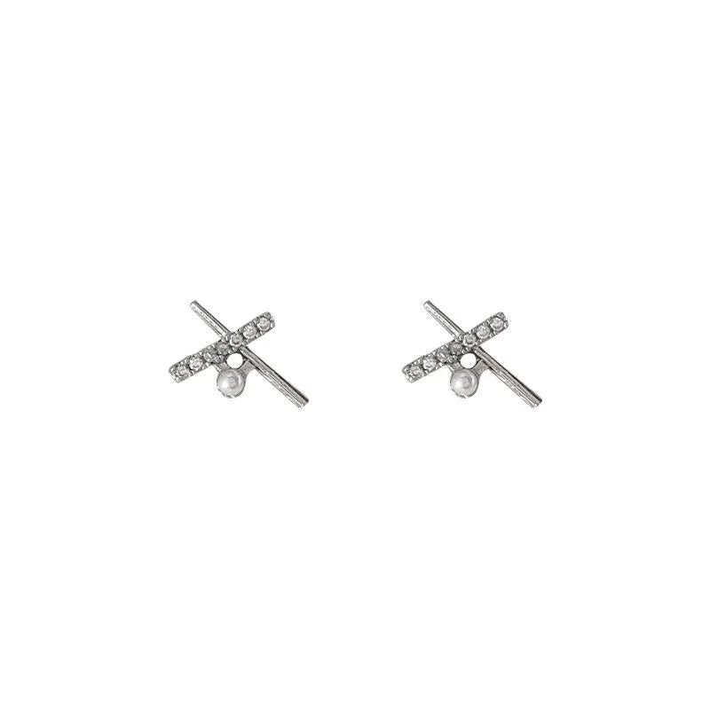 Minimalist Micro Pave Zircon Cross Pearl Line Stud Earrings Eco-Friendly Copper Geometric Design