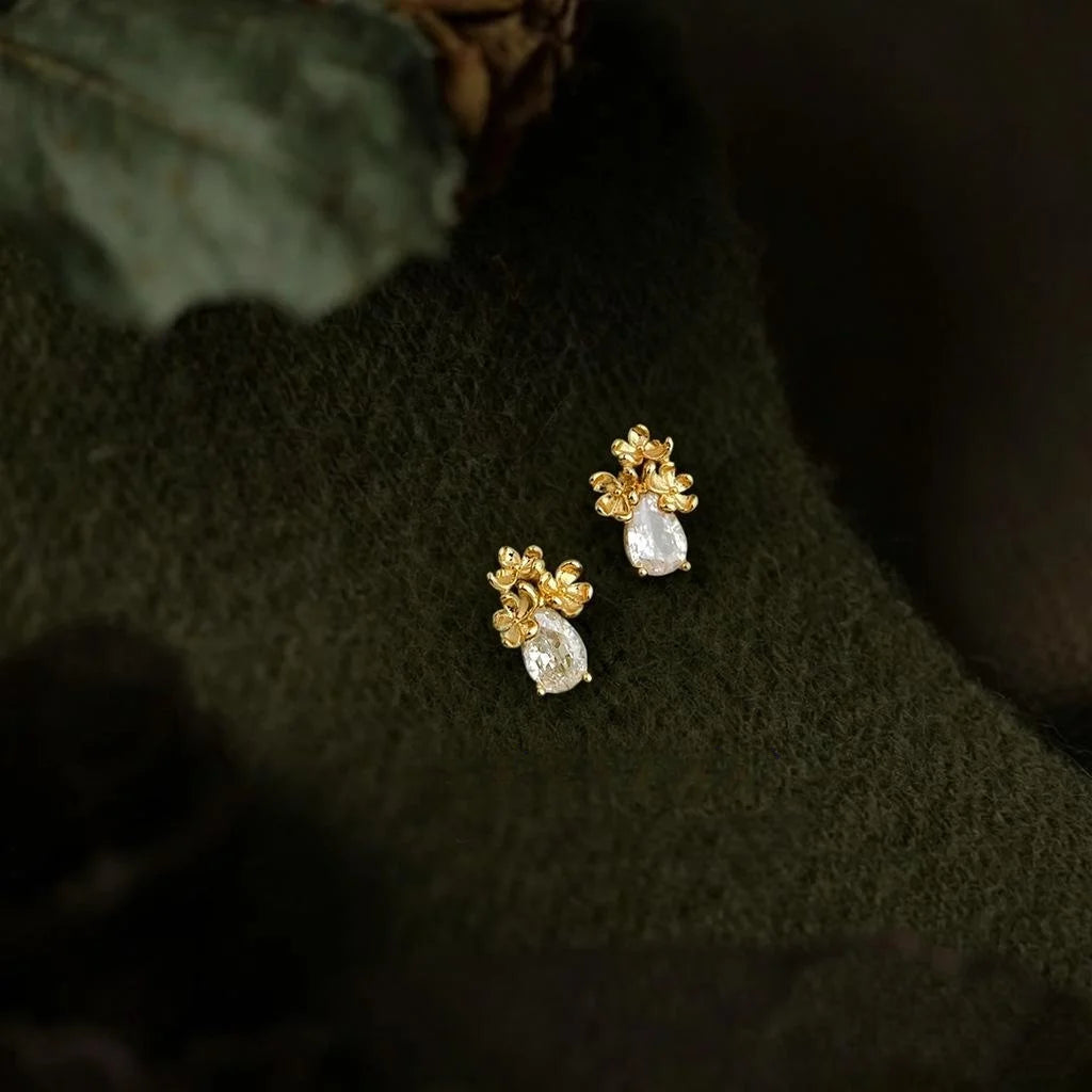 Mini Osmanthus Flower Stud Earrings Copper Zircon Teardrop Simple Modern Light Luxury Jewelry