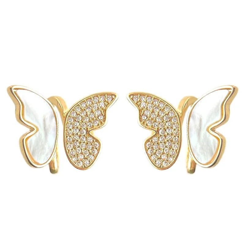14K Gold Plated Copper Real Shell Butterfly Stud Earrings With Micro Pave Zircon Sweet Elegant Jewelry