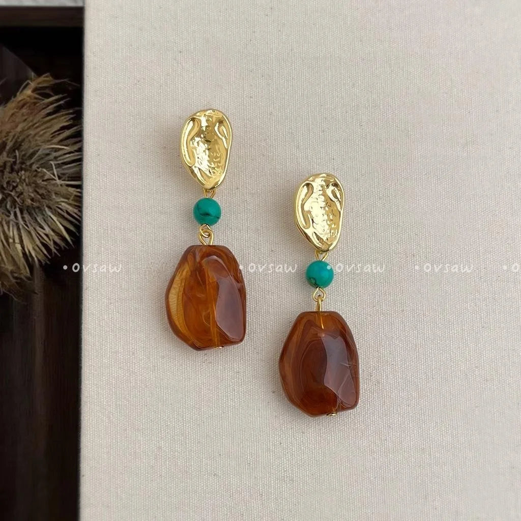 Maillard Style Synthetic Turquoise Resin Geometric Irregular Handmade Drop Earrings