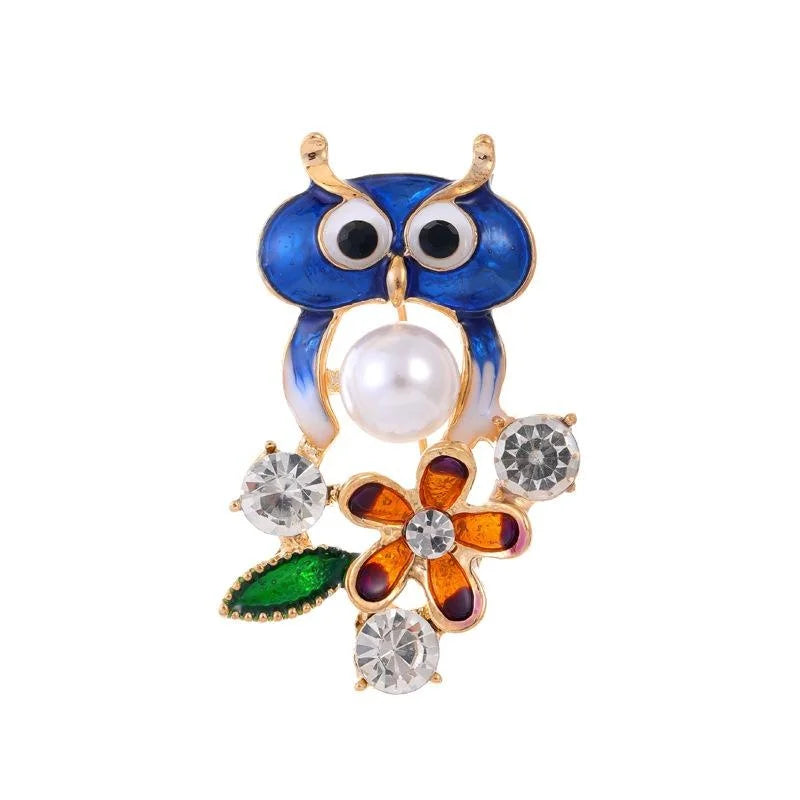 Cute Blue Enamel Owl And Flower Brooch With Rhinestones And Faux Pearl, Elegant Lapel Pin Gift