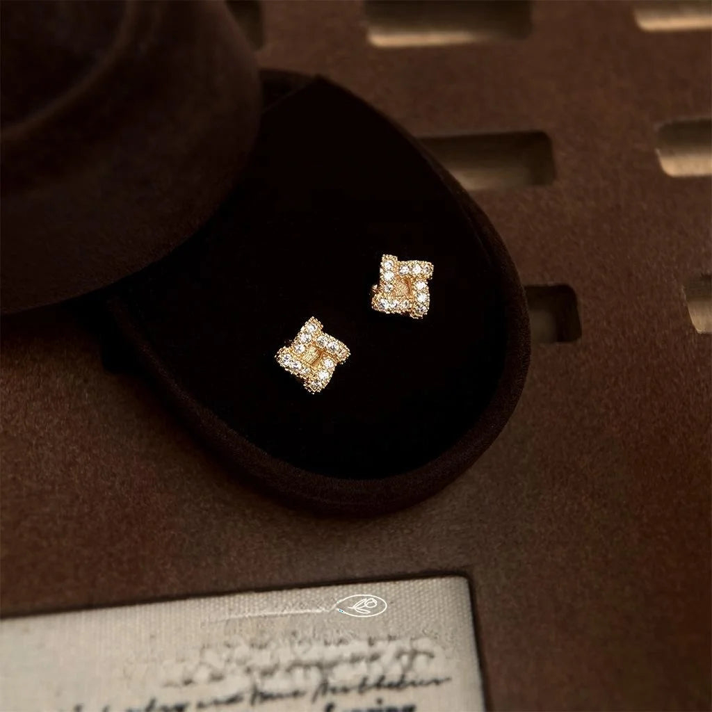 Mini 14K Plated Zircon Geometric Twist 3D Stud Earrings For Women Minimalist Jewelry