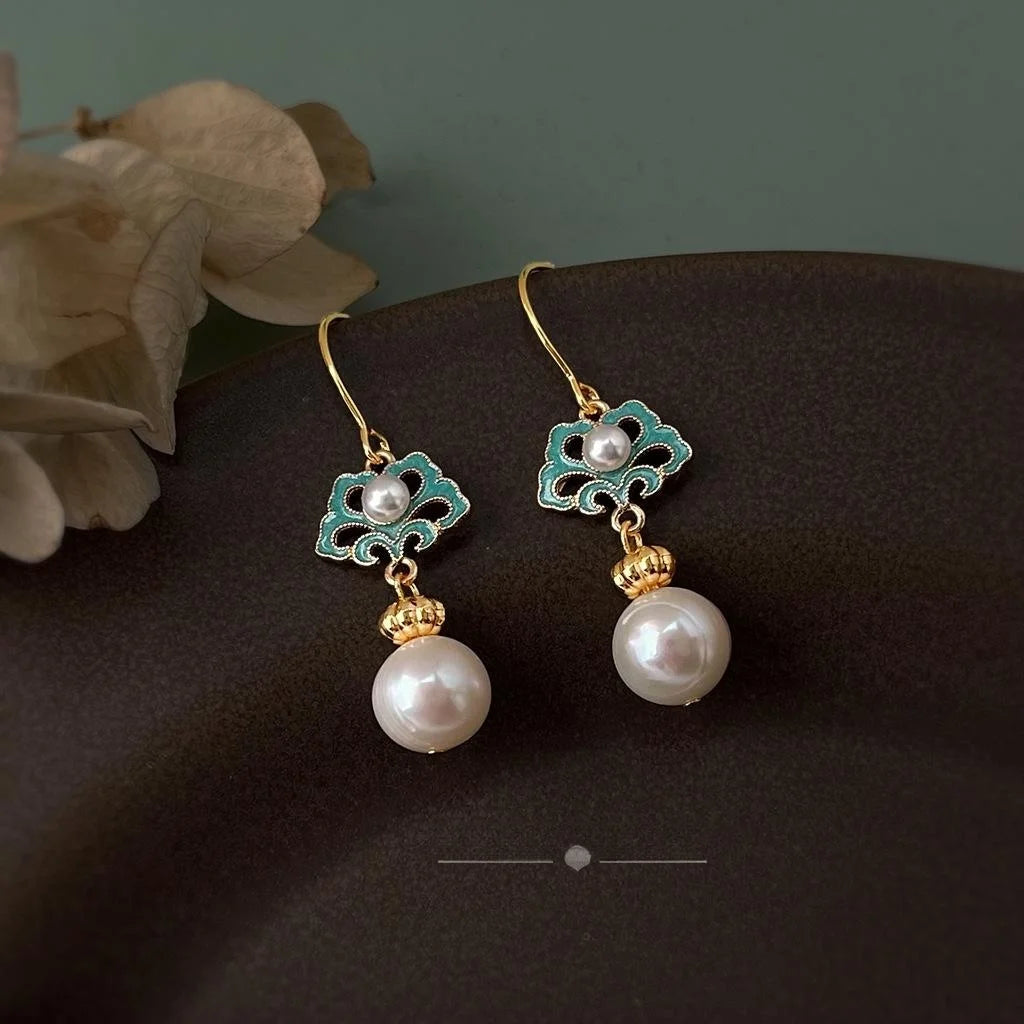 Vintage Court Style Baroque Freshwater Pearl Enamel Glaze Round Geometric Drop Earrings