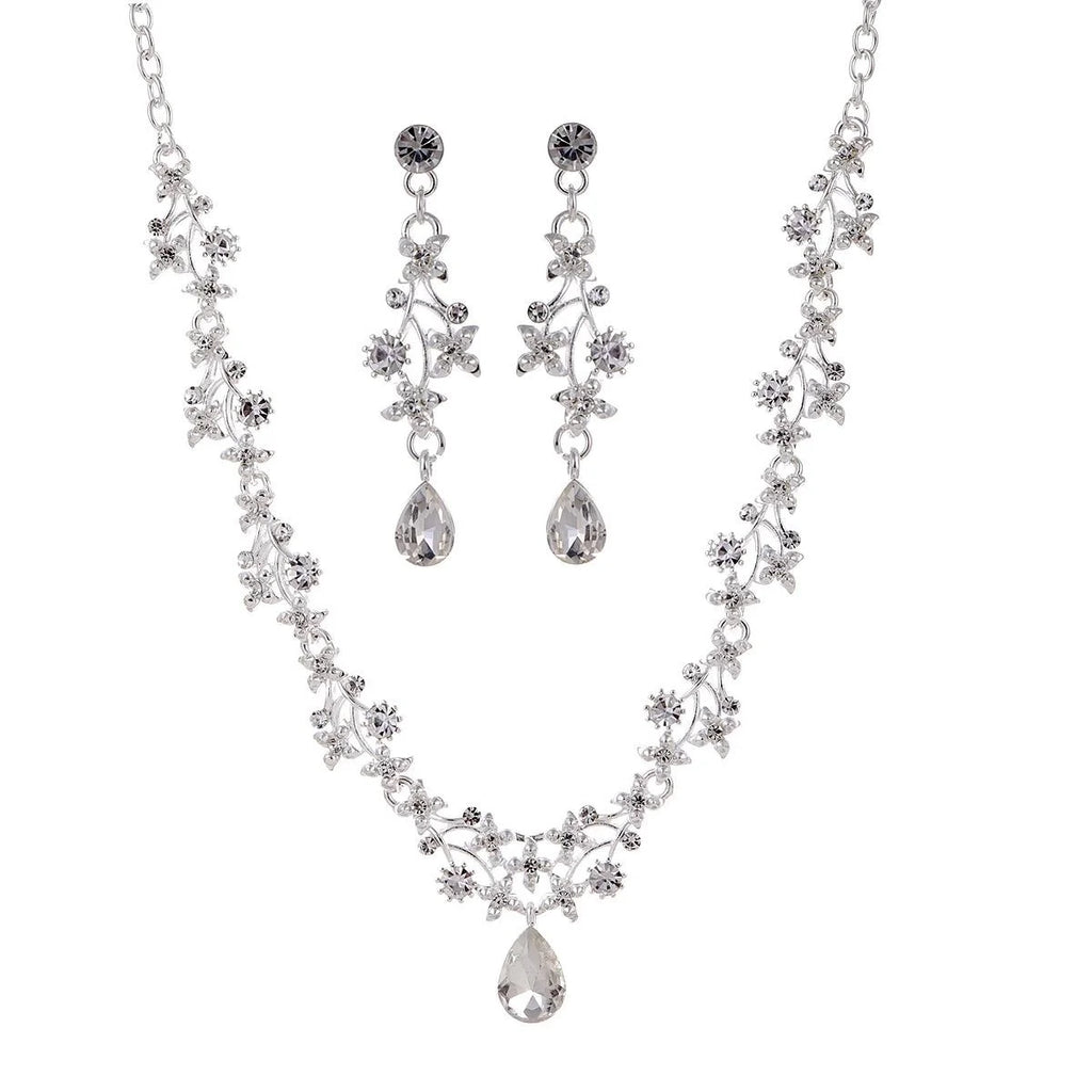 Luxury Crystal Teardrop Floral Necklace And Earrings Jewelry Set, Elegant Bridal Jewelry For Wedding Party