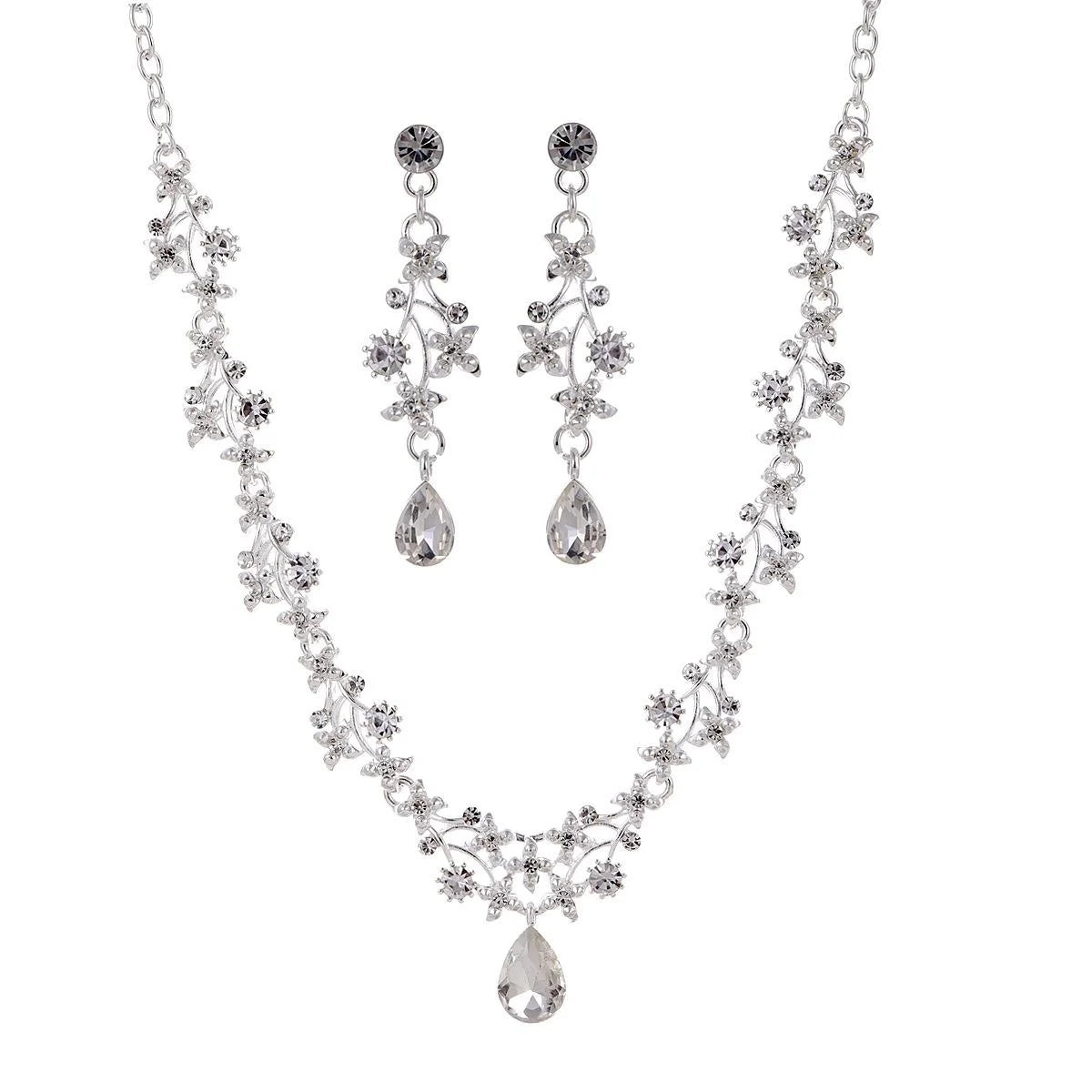 Luxury Crystal Teardrop Floral Necklace And Earrings Jewelry Set, Elegant Bridal Jewelry For Wedding Party