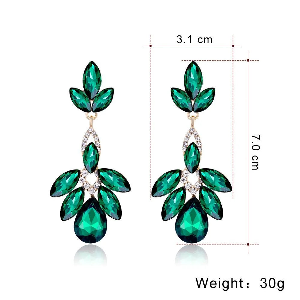 Luxury Emerald Crystal Rhinestone Leaf Drop Earrings, Long Bohemian Alloy Dangle Jewelry For Wedding Party Gift