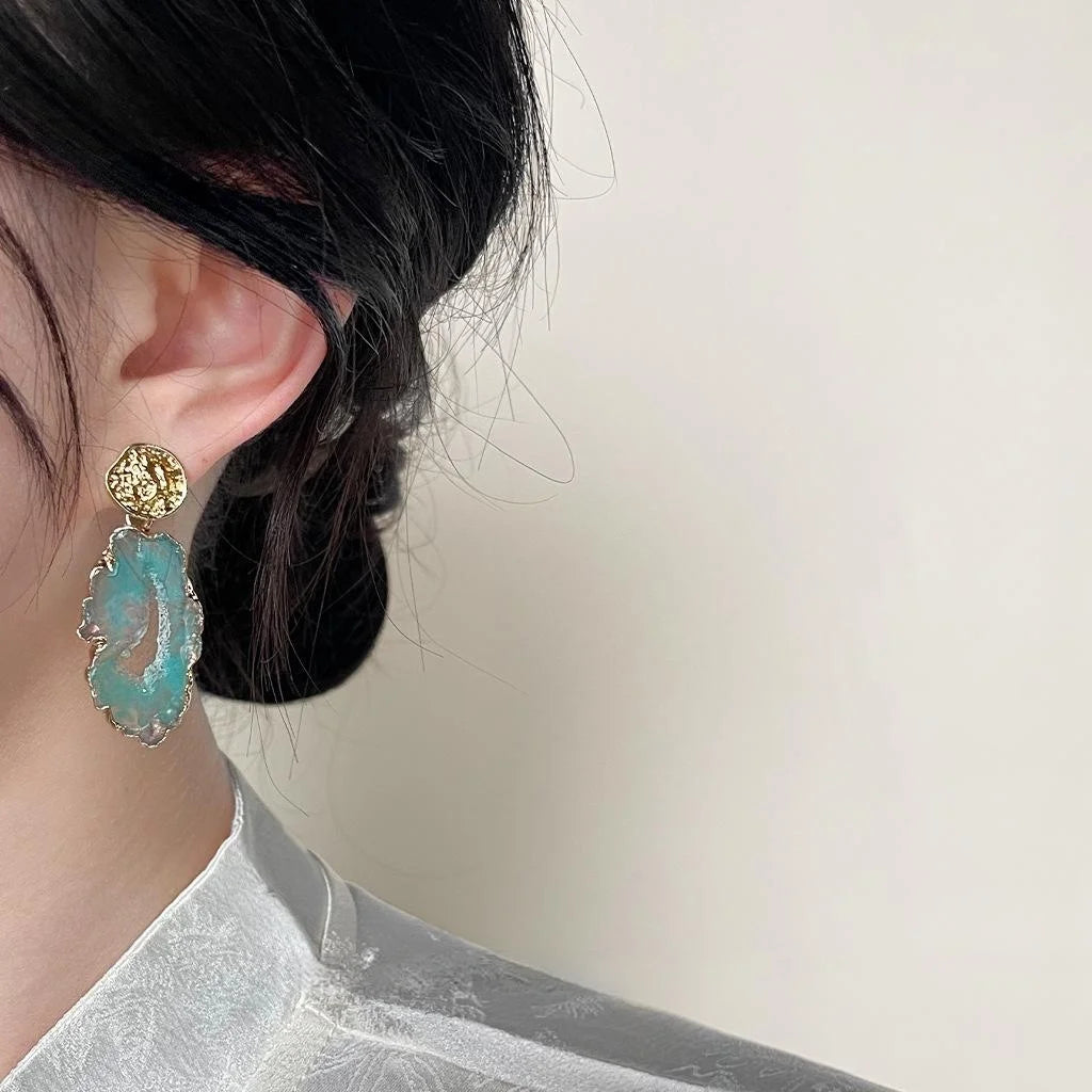 Vintage Irregular Blue Ombre Resin Geometric Drop Earrings Elegant Artsy Statement Jewelry