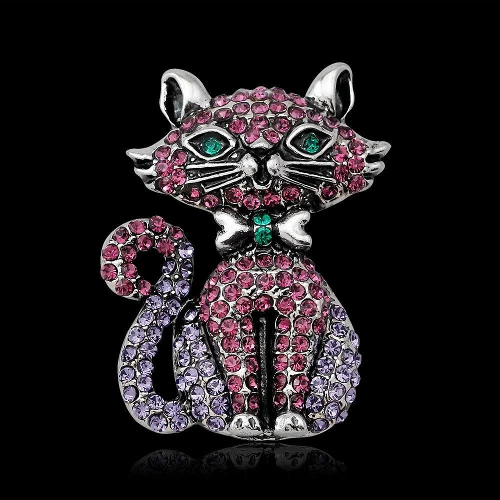 Cute Pink Rhinestone Cat Brooch Alloy Animal Lapel Pin, Elegant Corsage Suit Accessory Gift