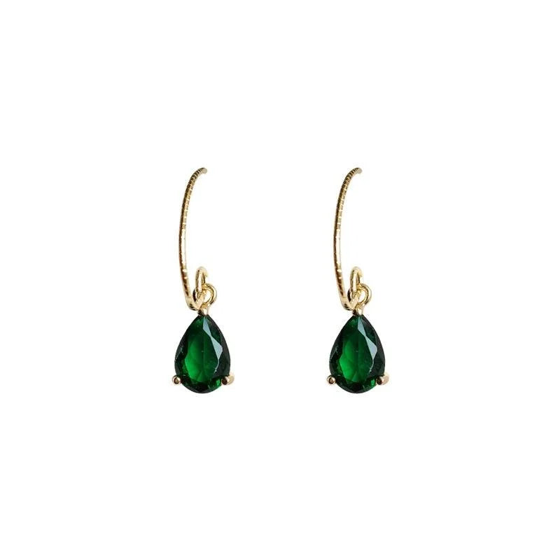French Vintage Copper Emerald Zircon Teardrop Drop Earrings For Women
