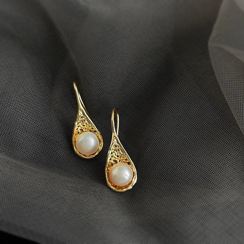 14K Gold Plated Copper Freshwater Pearl Teardrop Drop Earrings Elegant Minimalist Jewelry