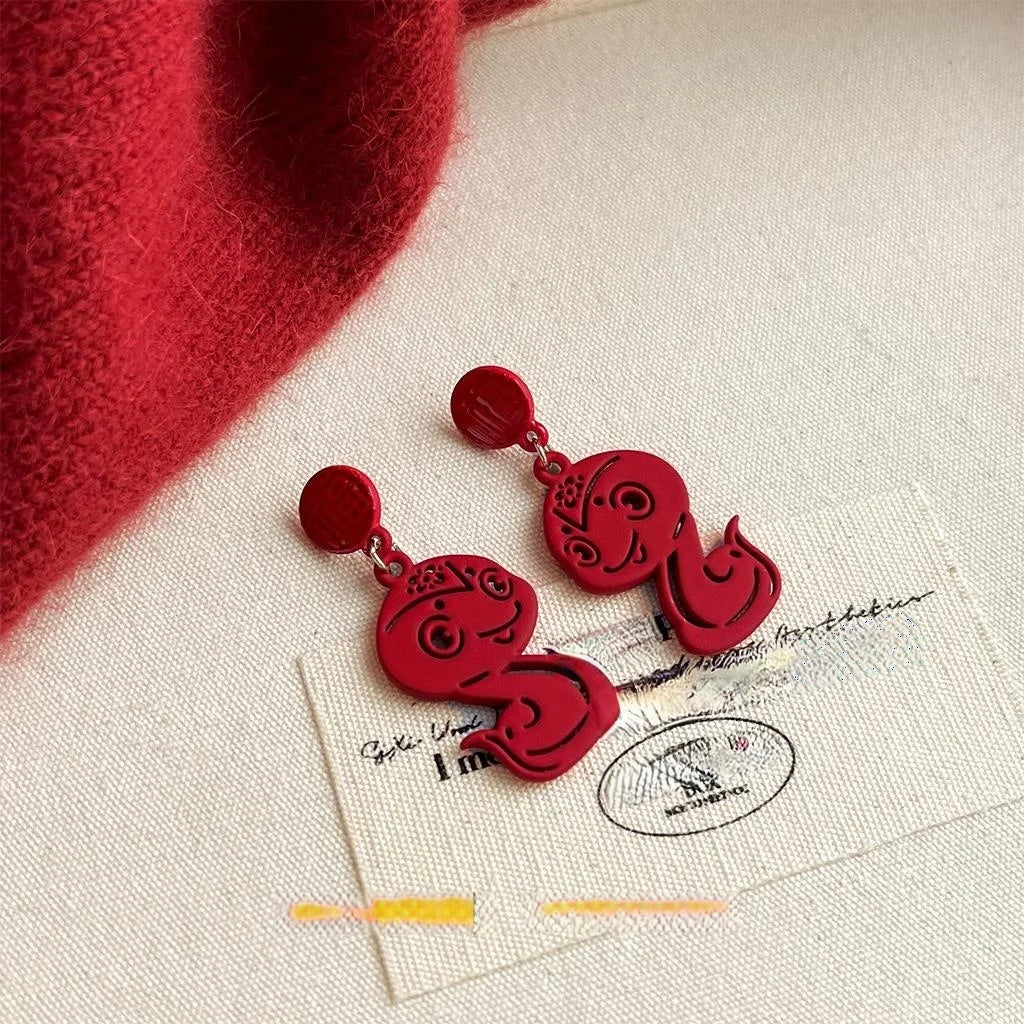 New Chinese Red Copper Snake Year Lucky Knot Geometric Drop Earrings