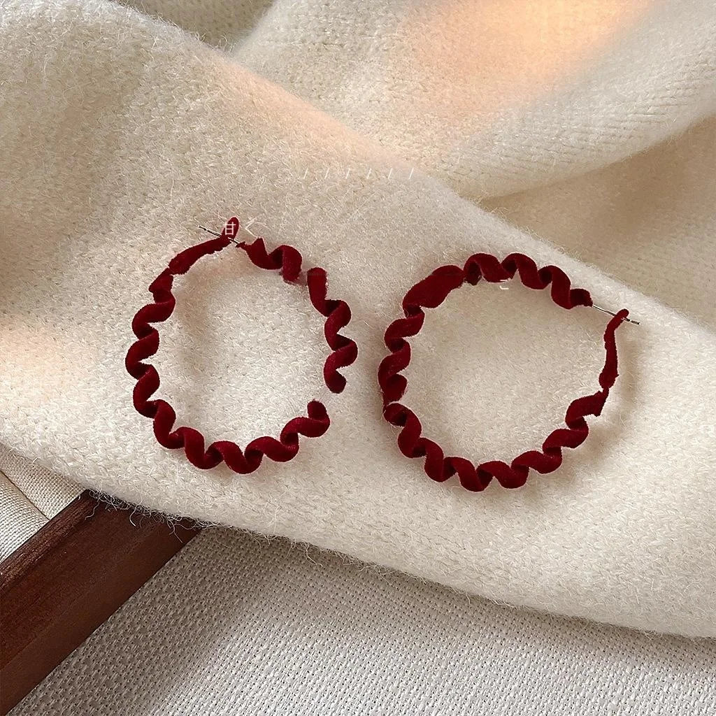 Burgundy Flocked Metal Hoop Earrings With Silver Plated Posts, Winter Geometric Coil Style