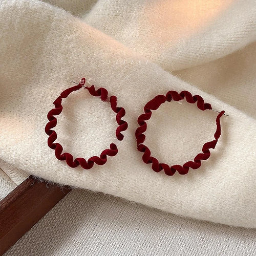Burgundy Flocked Metal Hoop Earrings With Silver Plated Posts, Winter Geometric Coil Style