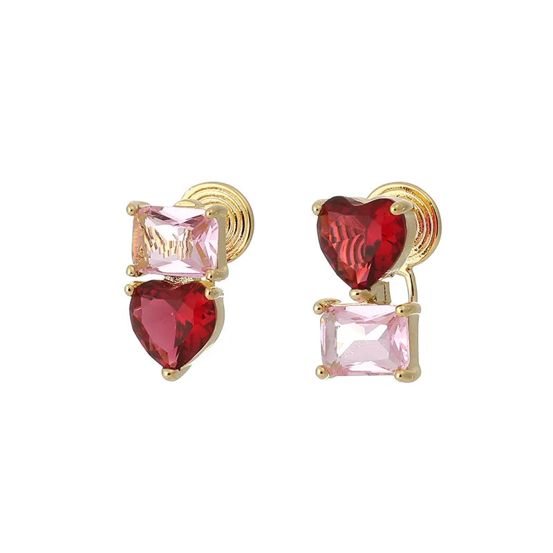 Elegant Gold Tone Alloy Pink Zircon Heart And Square Crystal Stud & Clip On No Piercing Earrings