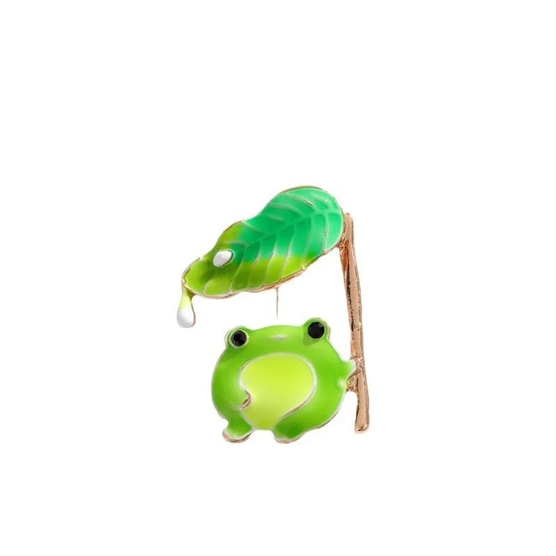 Cute Enamel Frog Under Lotus Leaf Brooch, Gold Tone Alloy Animal Lapel Pin Corsage Suit Accessory Gift