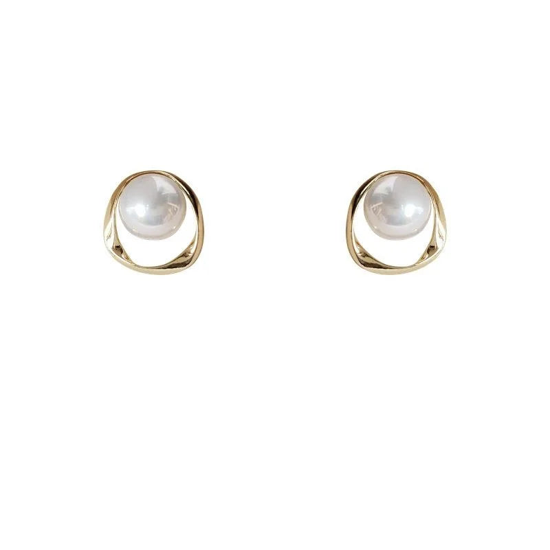 14K Gold Plated Copper 3D Geometric Pearl Stud Earrings For Women Korean Fashion Jewelry