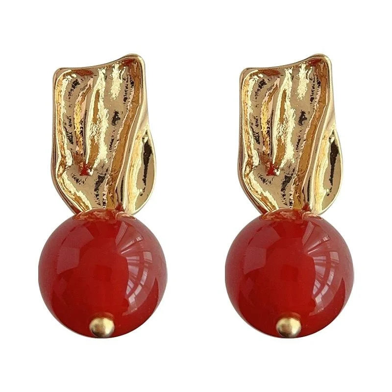 French Vintage 14K Gold Plated Copper Green Agate Irregular Geometric Drop Earrings
