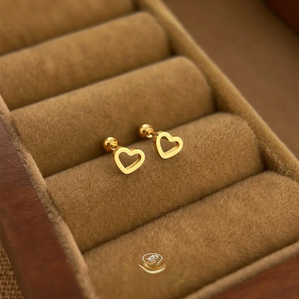 Copper Heart Screw Stud Earrings, Trendy Chinese Style Minimalist Anti-Loss Ear Jewelry