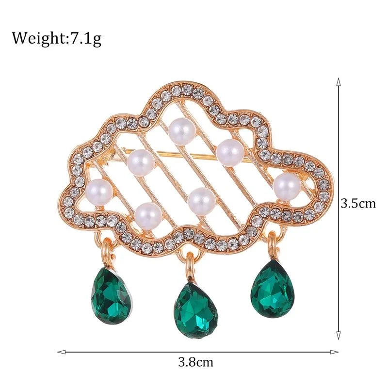 Vintage Cloud Flower Brooch With Rhinestone Faux Pearl And Emerald Crystal Drops, Elegant Lapel Pin Gift