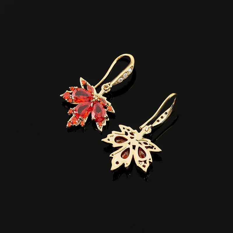 Luxury Orange Red Zircon Maple Leaf Dangle Stud & Clip On No Piercing Gold Alloy Vintage Earrings