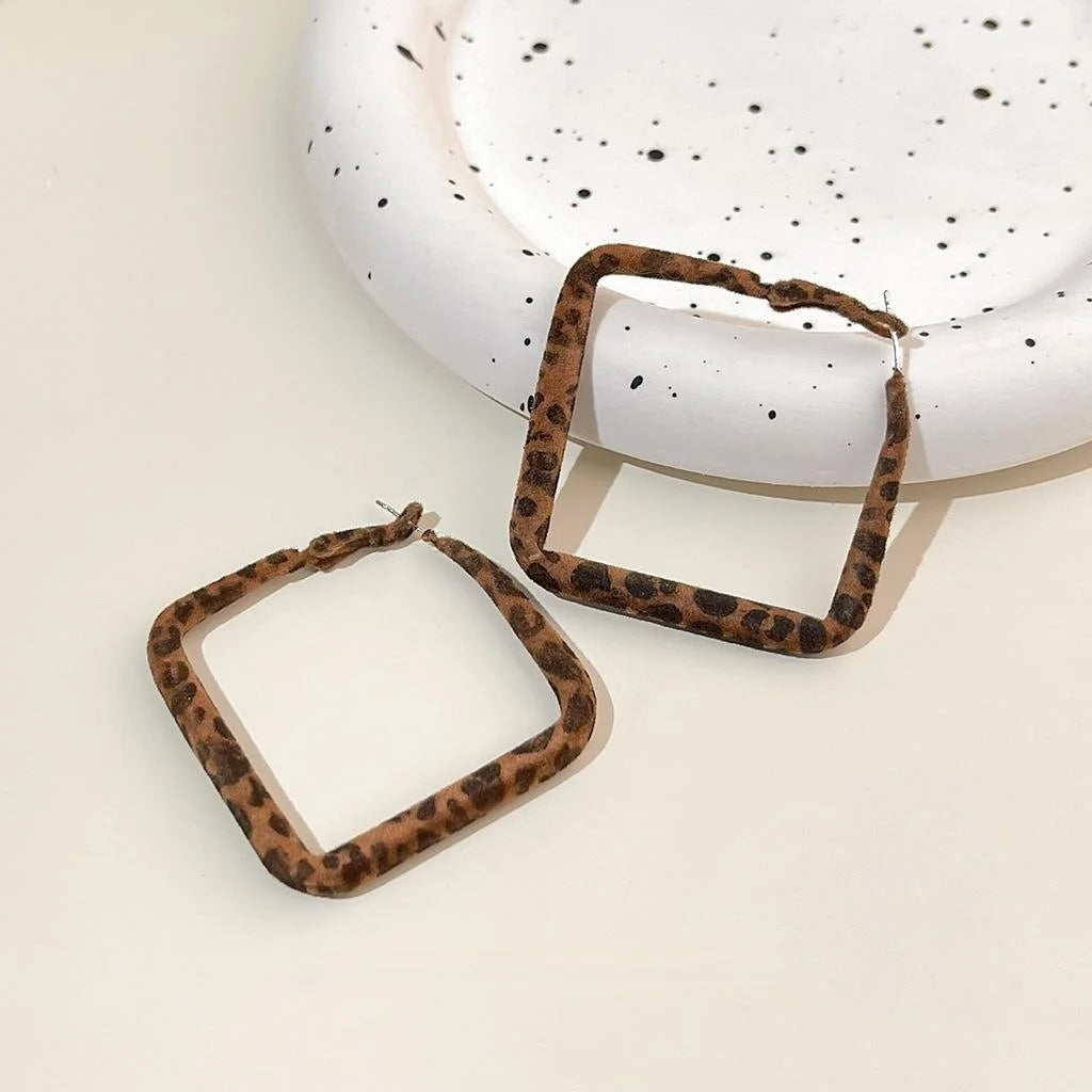 Vintage Copper Leopard Flocked Square Geometric Hoop Earrings For Women