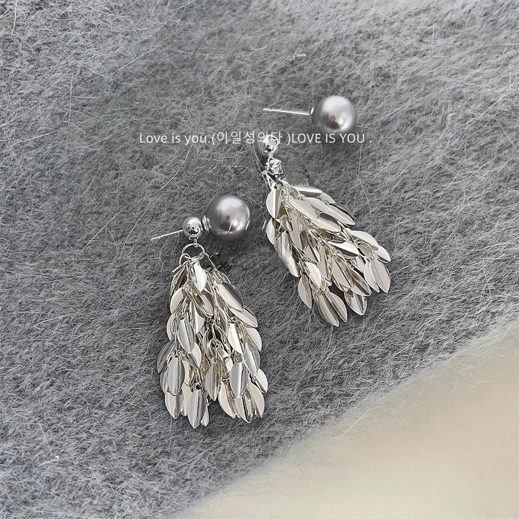 Two Way Shimmering Leaf Tassel Drop Earrings Copper Glass Pearl Light Luxury Jewelry