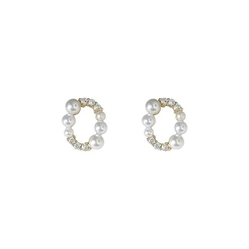 French Vintage Geometric Oval Micro Pave Zircon Copper Stud Earrings