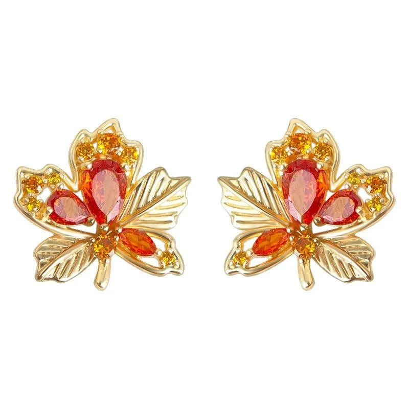 Maple Leaf Cubic Zirconia Inlaid Copper Stud Earrings Light Luxury Style