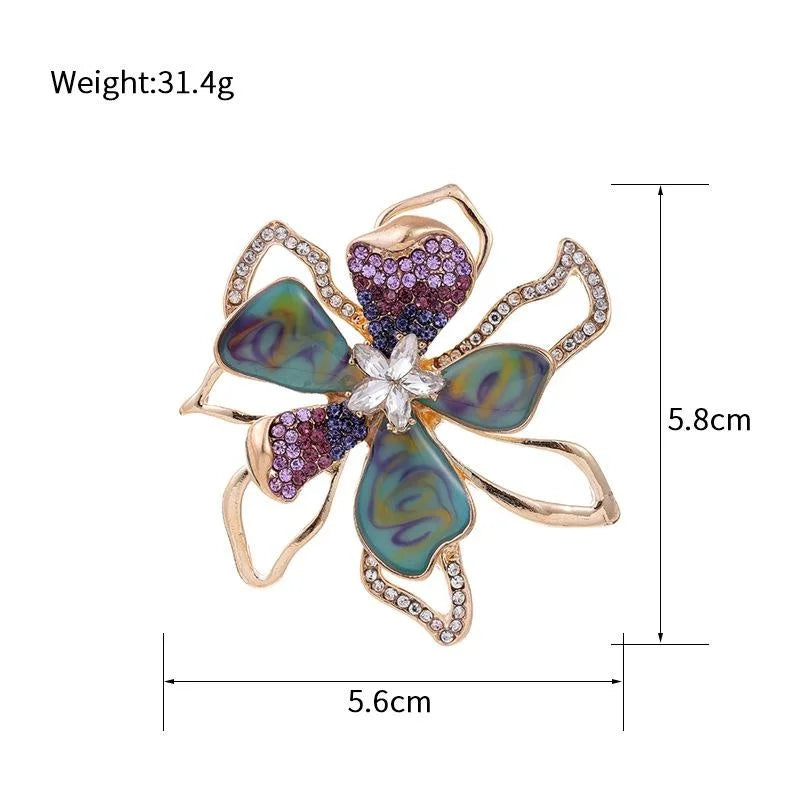 Elegant Floral Rhinestone Enamel Alloy Brooch, Luxury Flower Lapel Pin Corsage For Coat Sweater Gift