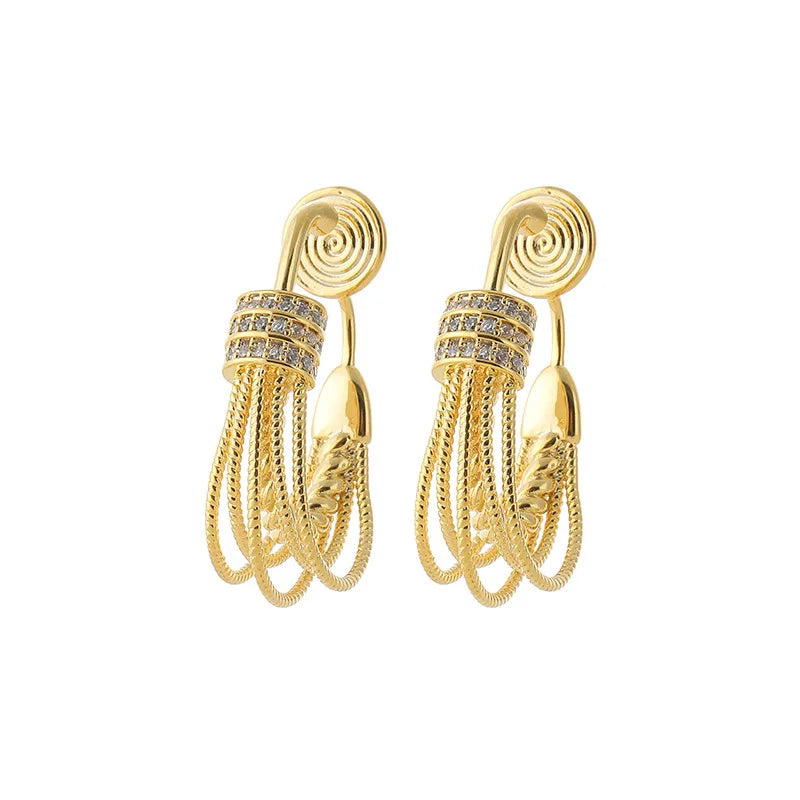 Luxury Gold Alloy Spiral Tassel Hoop Rhinestone Stud & Clip On No Piercing Statement Earrings