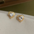 14K Plated Copper Heart Zircon Lace Edge Stud Earrings Elegant Office Jewelry